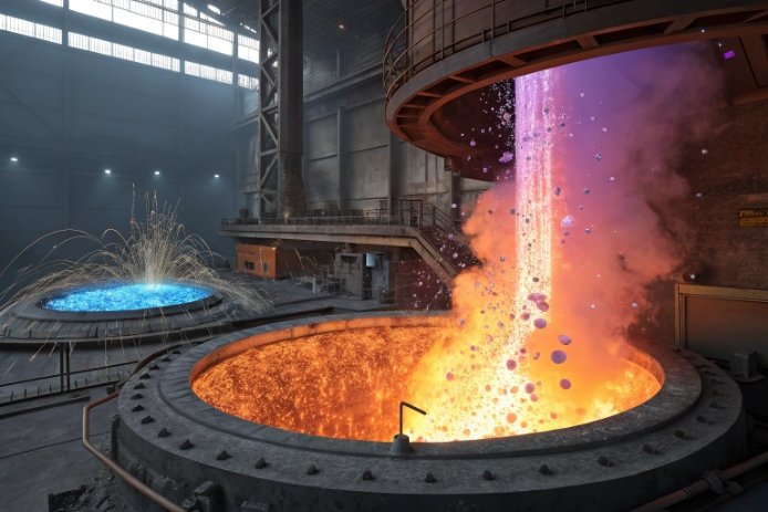 Industrial melting tank with bubbling molten glass and oxygen lance for fining reactions