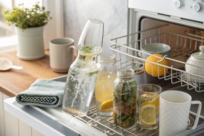 Glass bottles and jars drying inside an open dishwasher rack in kitchen