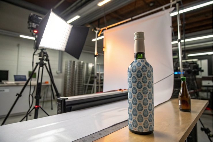 Packaging photo set featuring patterned wine bottle with lights and backdrop
