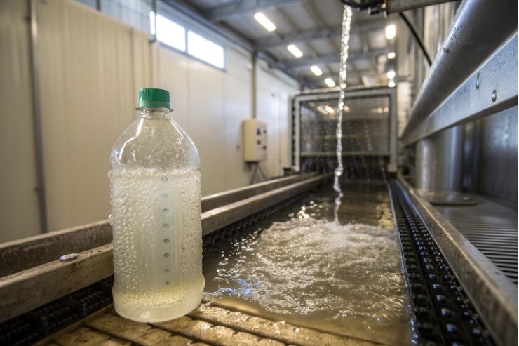 Bottle rinsing station with water spray and drainage channel in packaging plant