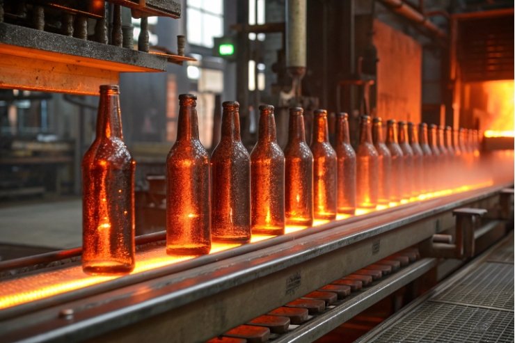 Hot amber glass bottles moving on conveyor through annealing oven in factory