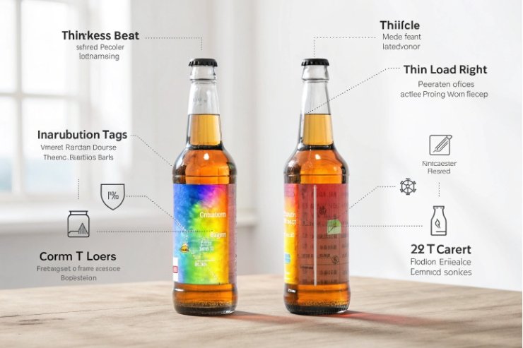 Beer bottles with custom labels and traceability icons for packaging compliance