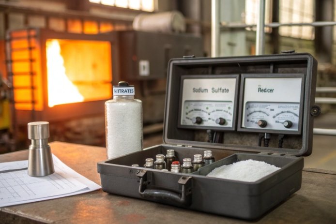 Fining additive kit with nitrates, sodium sulfate, reducer gauges near furnace