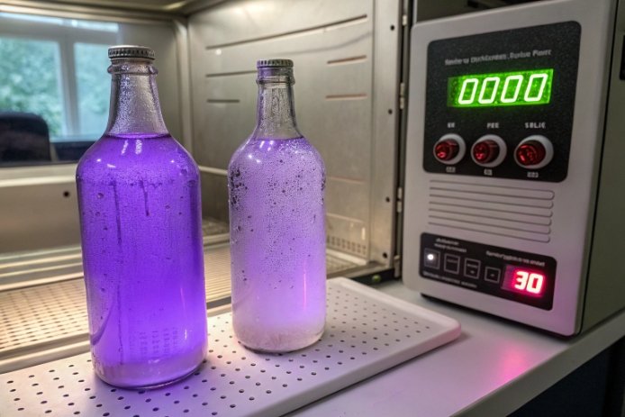 Purple glass bottles in test chamber measuring coating durability and haze resistance