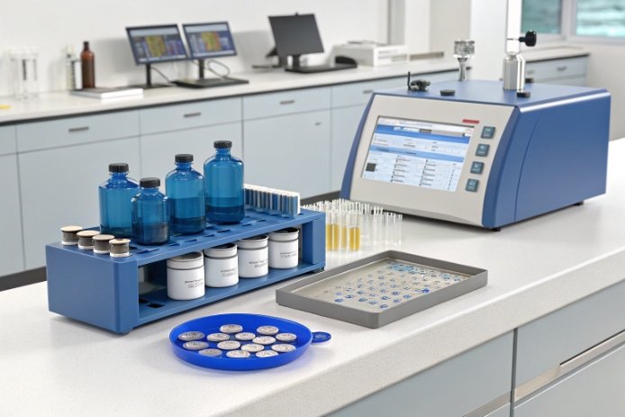 Laboratory setup testing blue glass containers with analytical instrument and sample vials