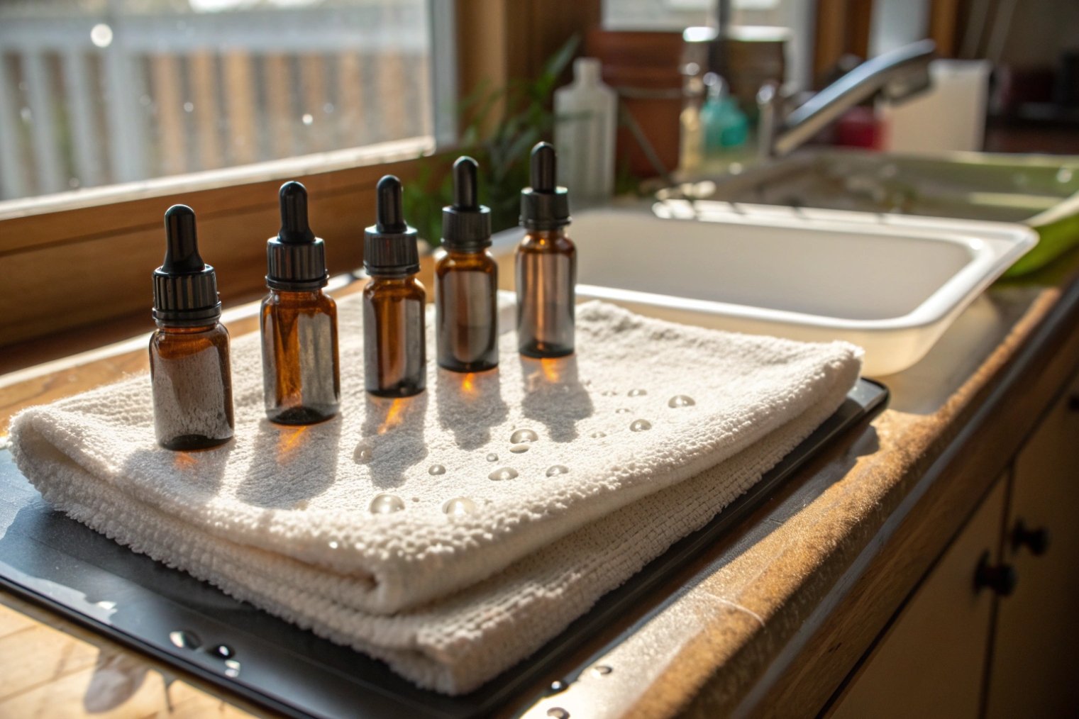 washed amber glass dropper bottles air drying on towel by kitchen sink