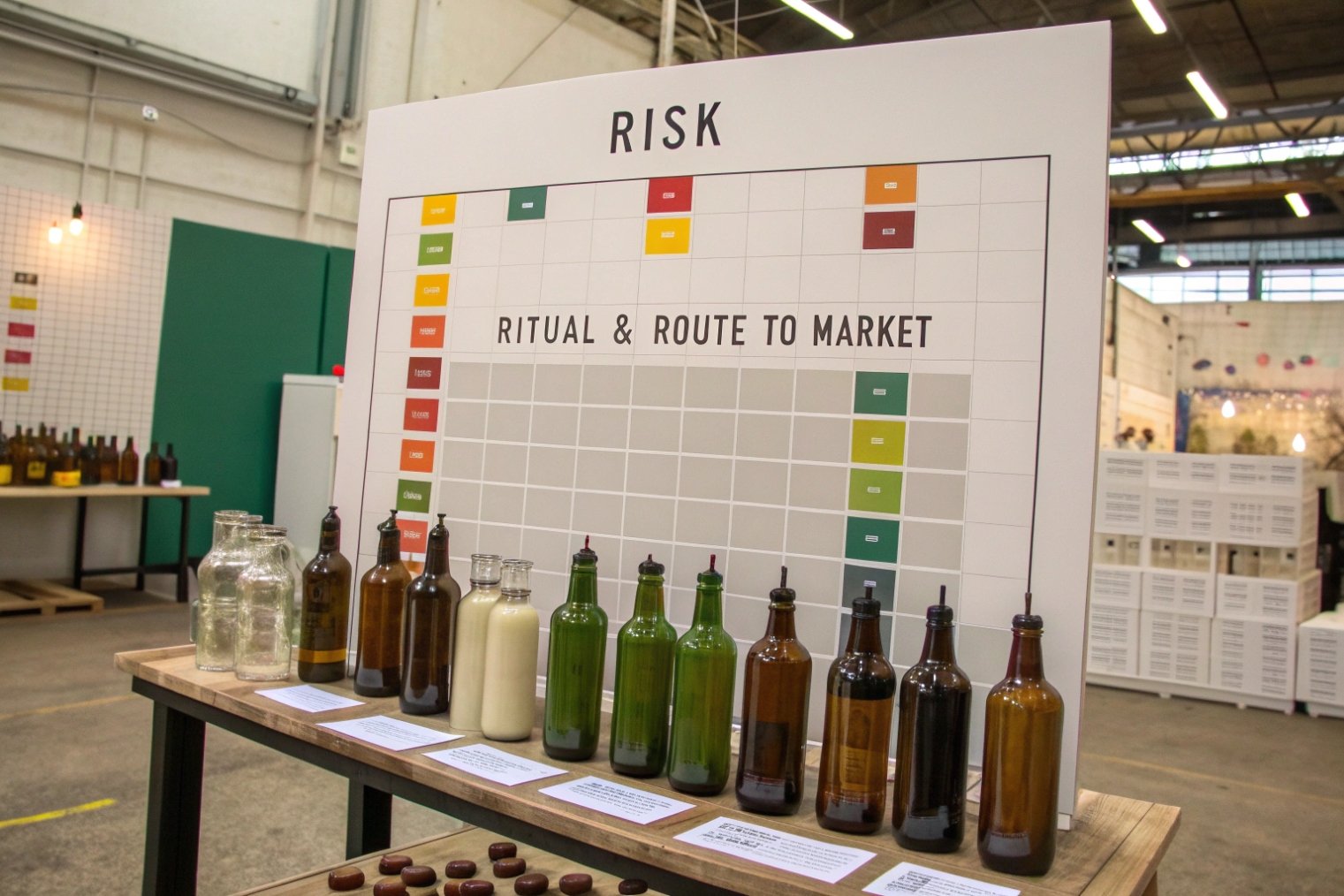 Trade show risk matrix display with assorted amber and green glass bottles on wooden table