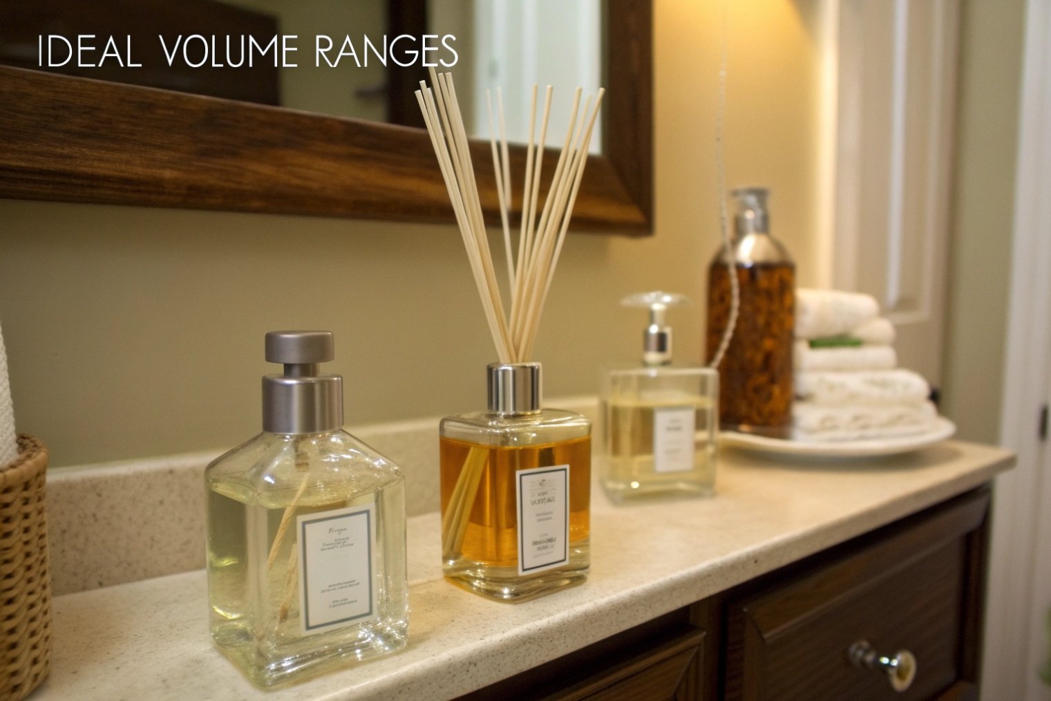 Elegant glass reed diffuser and lotion bottles arranged on bathroom vanity countertop
