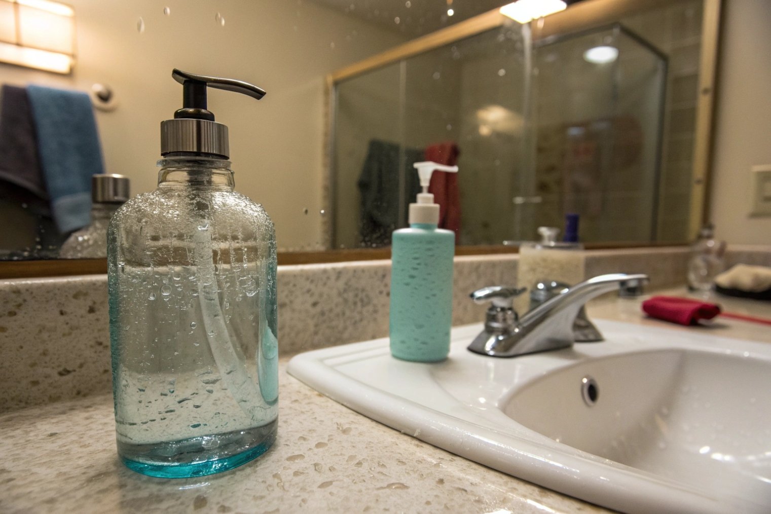 blue glass soap dispenser bottle on bathroom sink countertop with mirror splashes