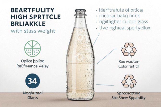 Infographic highlights lightweight sparkling glass bottle benefits, clarity, recycling, and strength indicators.
