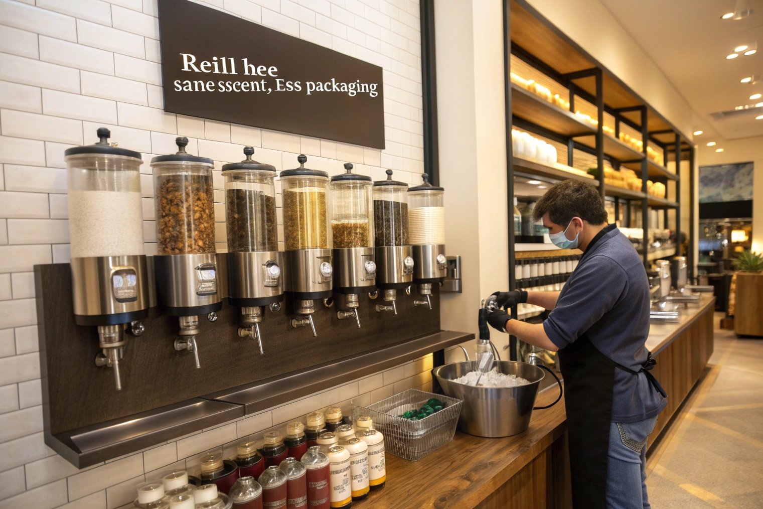 bulk refill station with worker filling reusable glass bottles from wall-mounted dispensers