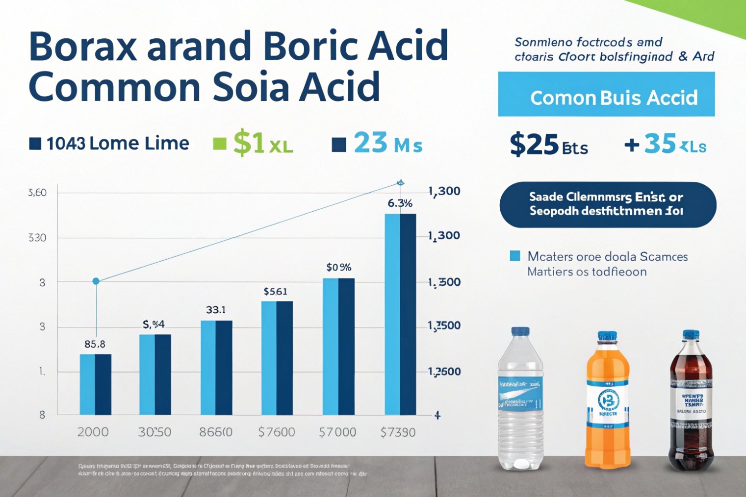 Infographic comparing borax and boric acid statistics with plastic beverage bottles illustration below chart