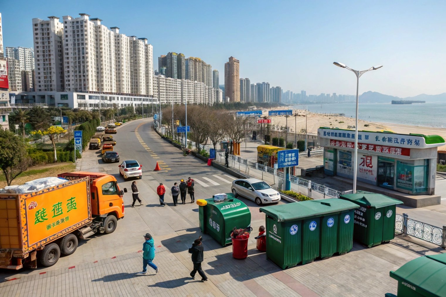 Chinese coastal city street with recycling bins for collected waste glass bottles