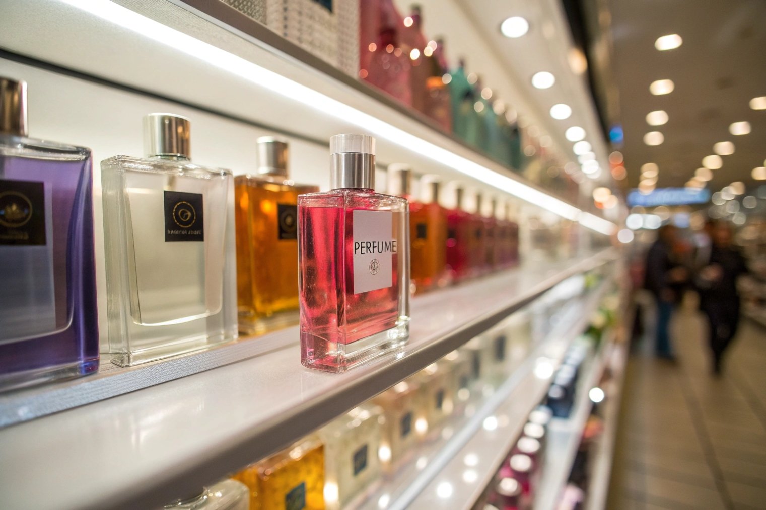 Brightly lit retail shelf lined with colorful perfume bottles, one pink bottle in sharp focus