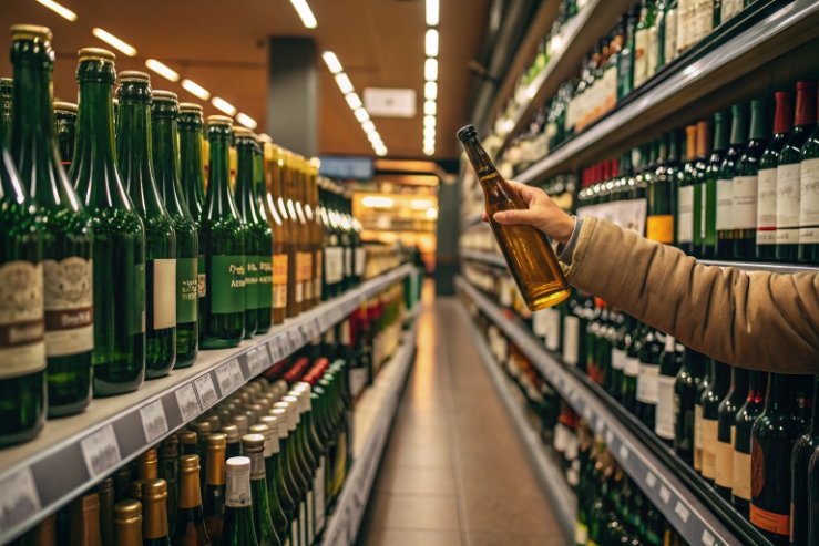 Shopper hand picking amber wine bottle from supermarket shelf aisle