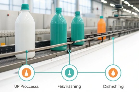 Plastic bottles on conveyor with process icons for washing, sterilizing, and drying production steps