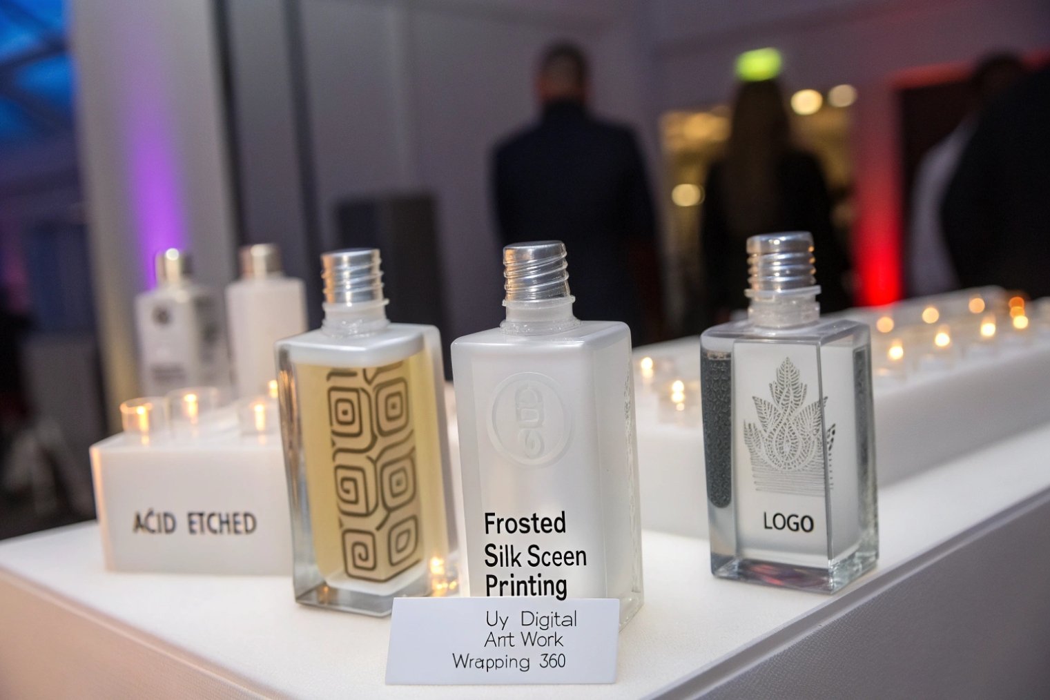 frosted square perfume glass bottles showing acid etching and silk screen logo decoration