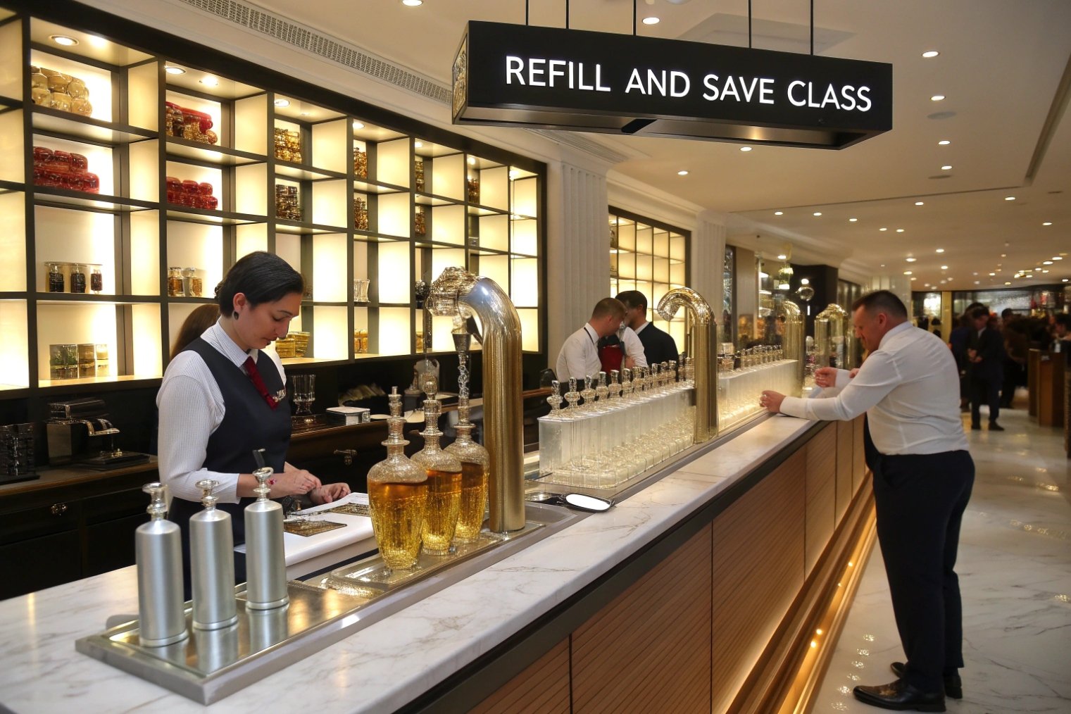 Elegant perfume refill bar with rows of glass bottles under a sign reading ‘Refill and Save Glass’