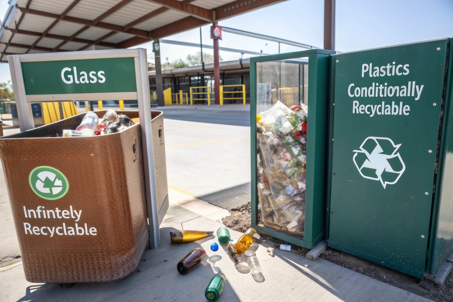 outdoor recycling station with glass bottle bin and plastics container bin