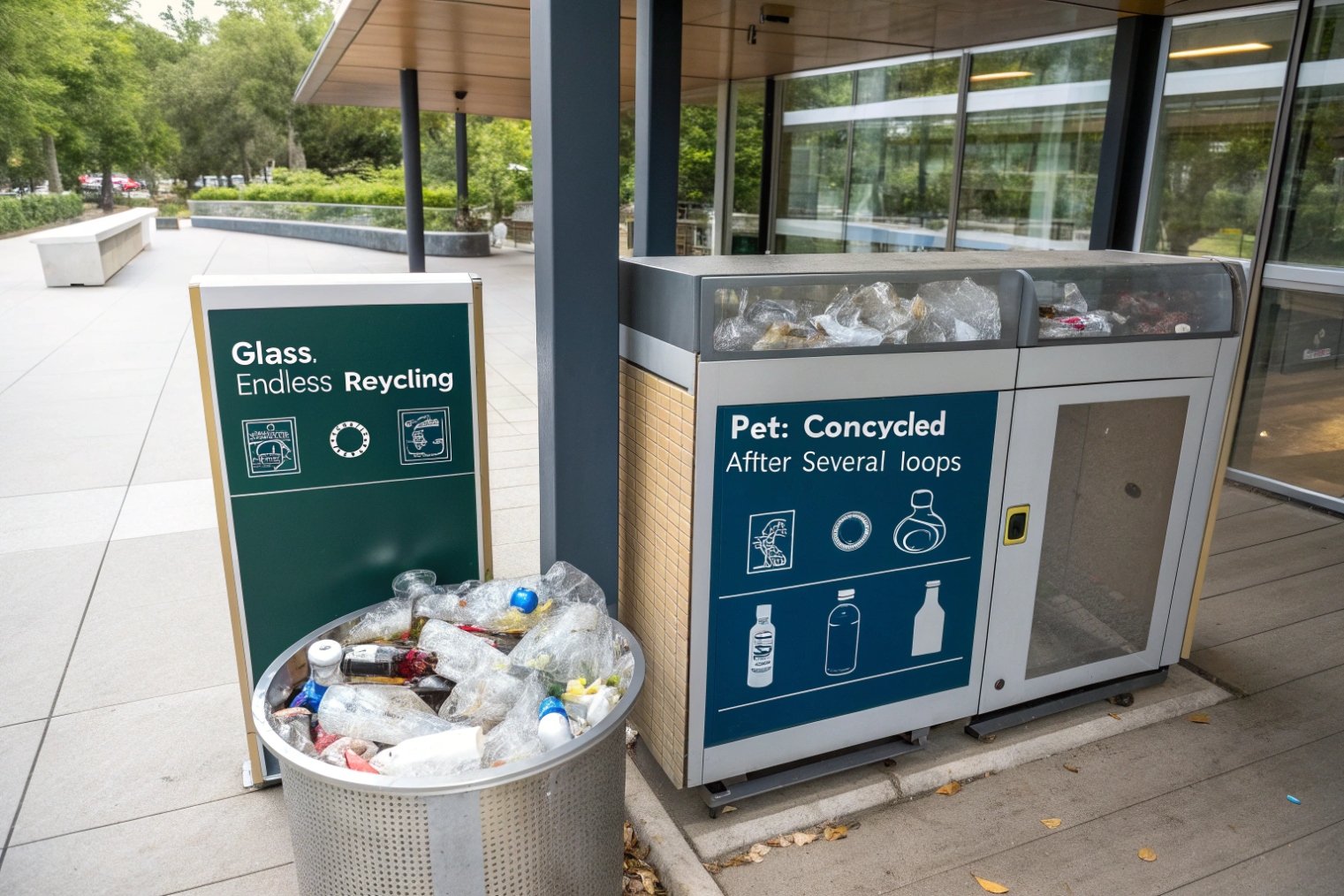 recycling bins comparing endlessly recyclable glass with limited loop PET plastics