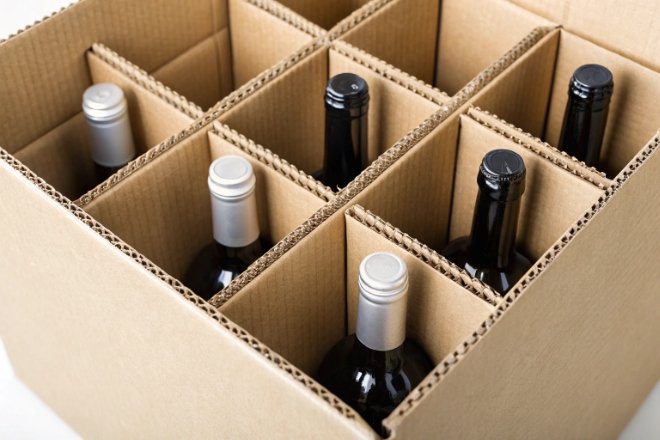 Cardboard divider case packing glass wine bottles for safe bulk shipping and warehousing