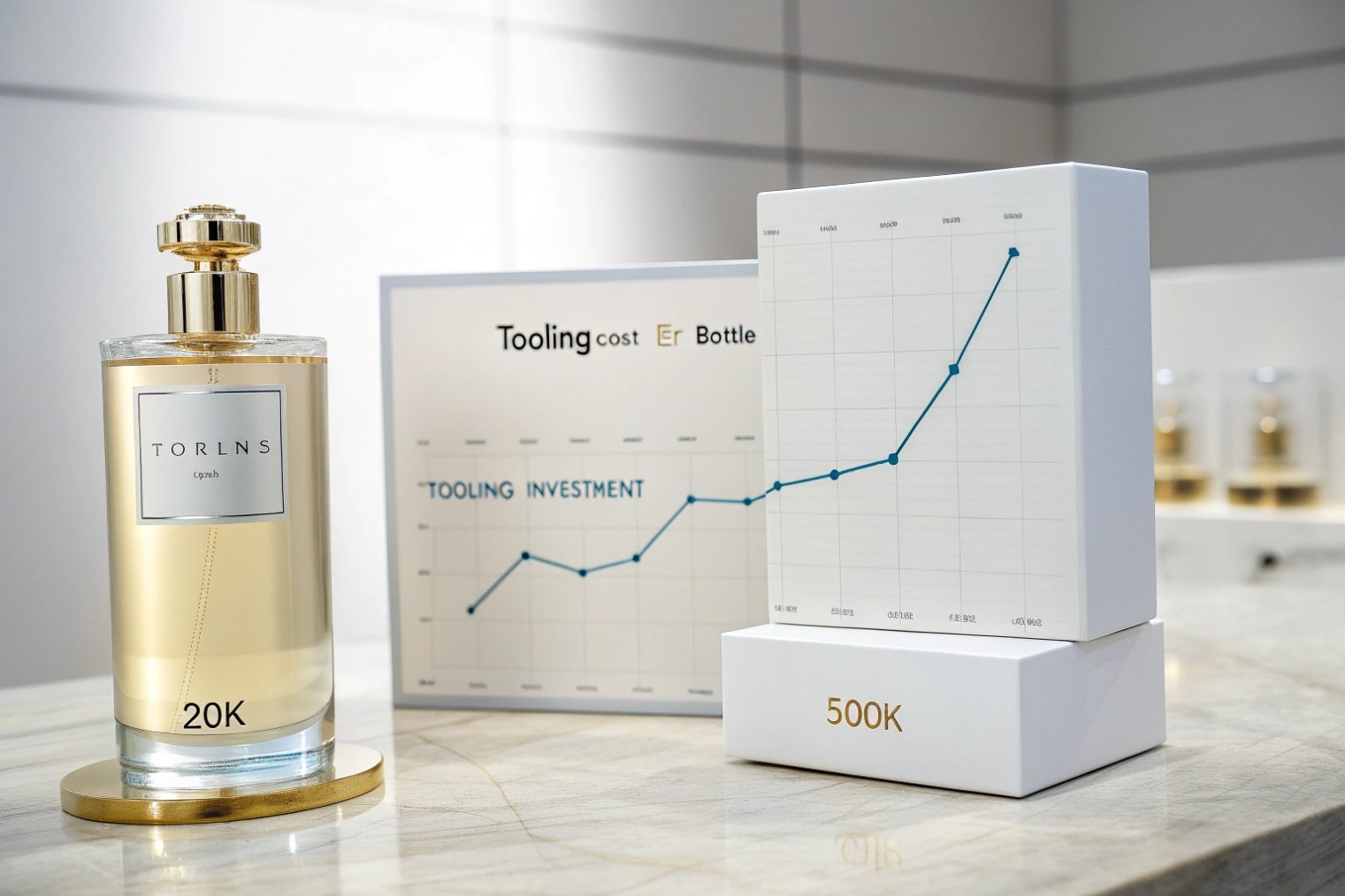 Elegant perfume bottle beside charts showing rising ‘tooling investment’ vs run size