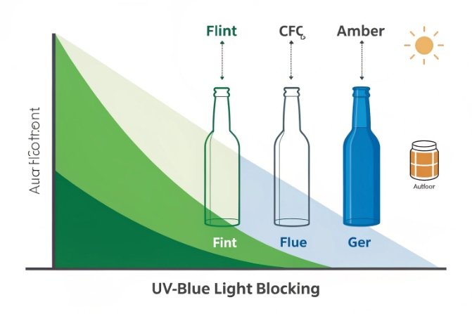 Chart comparing flint, clear, and amber bottles for UV-blue light blocking performance.