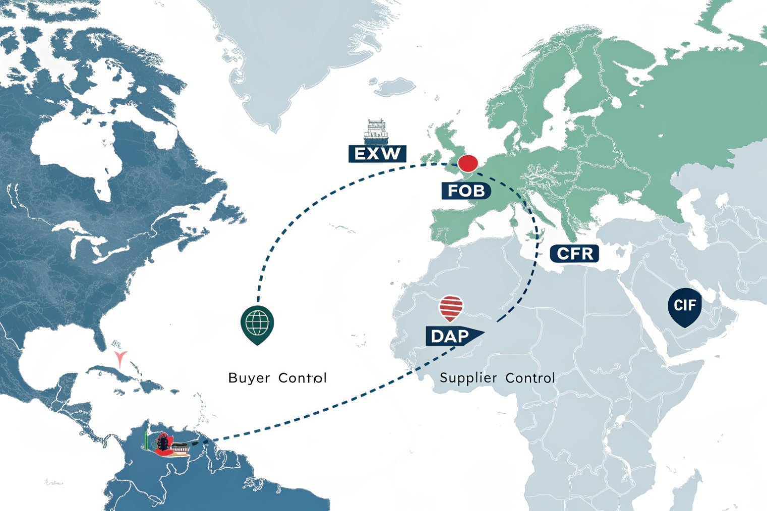 World map showing EXW FOB CFR CIF DAP international shipping terms and routes