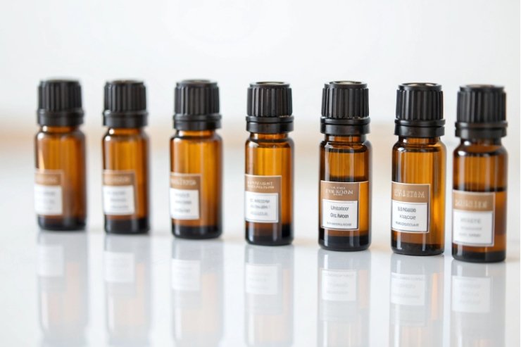 Row of amber essential oil dropper bottles with labels on white background