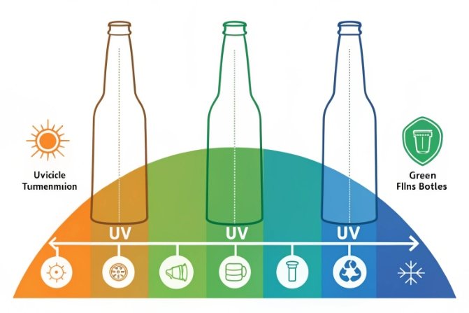 UV protection chart comparing amber, green, and flint bottles for light blocking