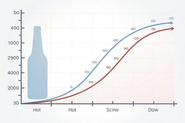 Performance curves chart with bottle silhouette comparing heat and time effects on glass