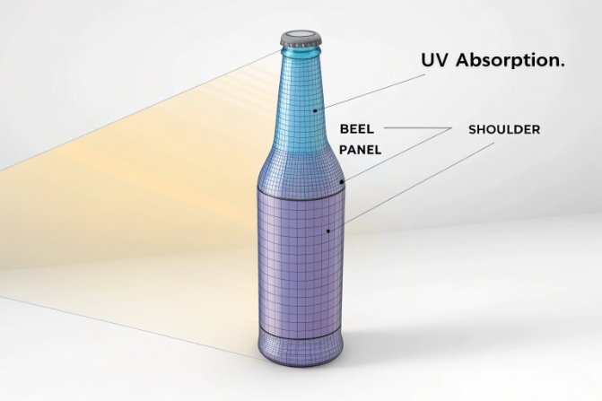 3D technical render of a bottle mesh illustrating UV absorption with labeled regions (shoulder/panel) and a light beam passing through.