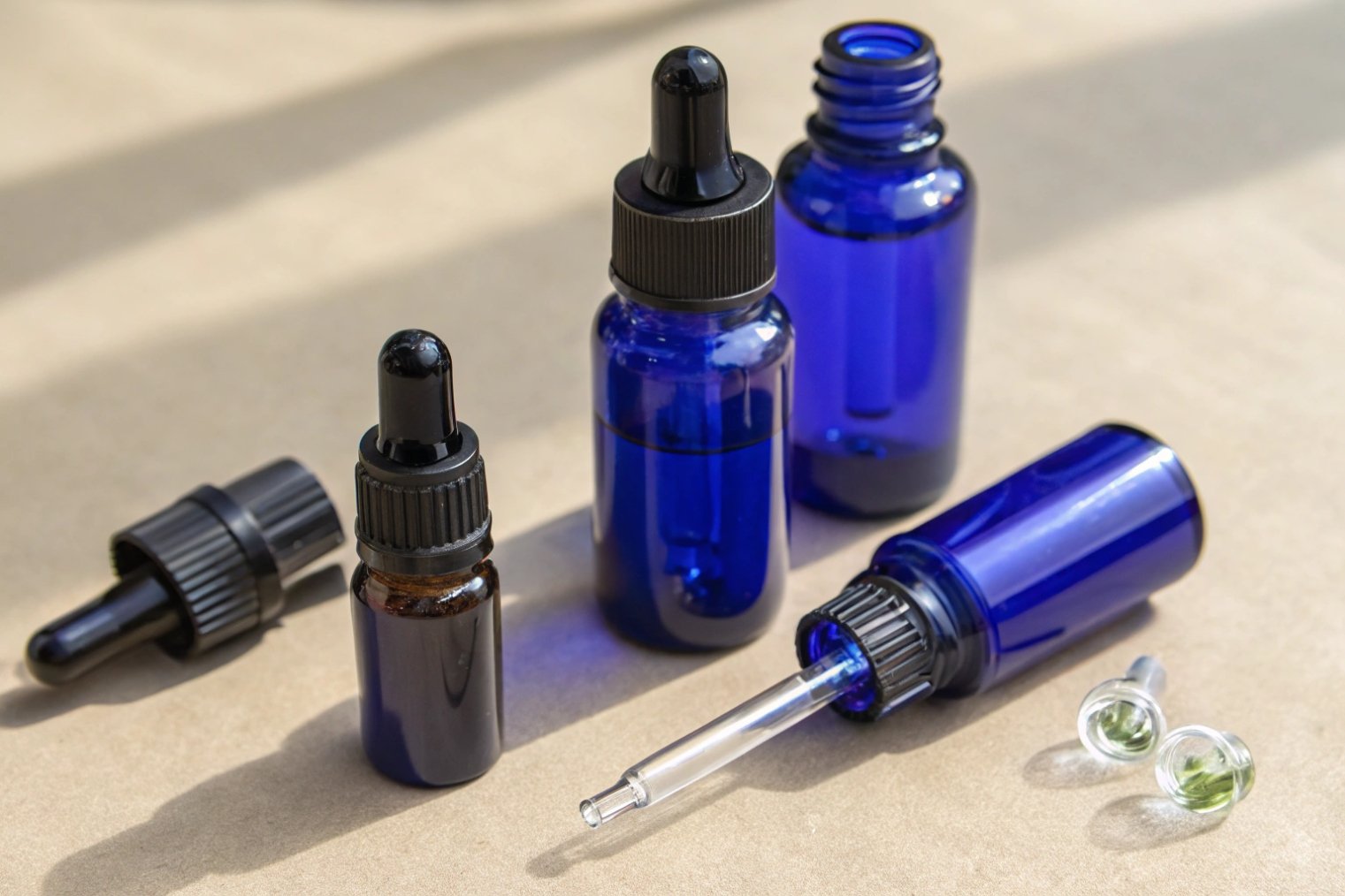 Assorted cobalt blue and amber essential oil glass dropper bottles with pipettes on beige.