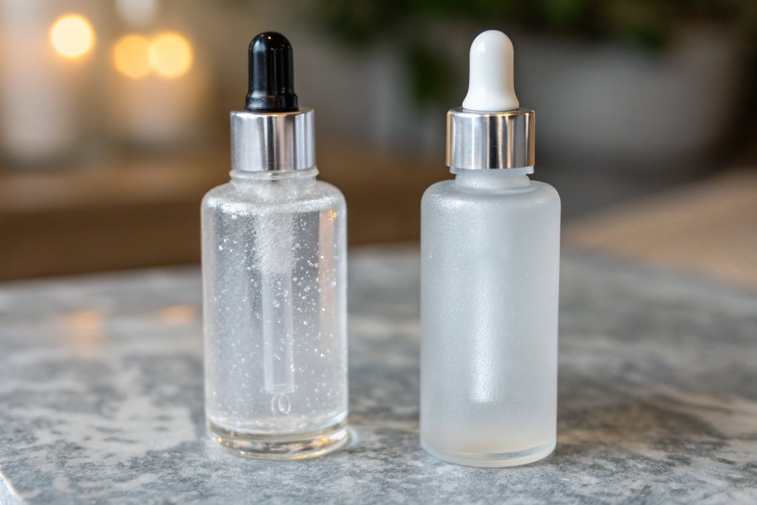 Two shimmering serums in matching glass dropper bottles, one clear and one frosted, catching soft, warm light
