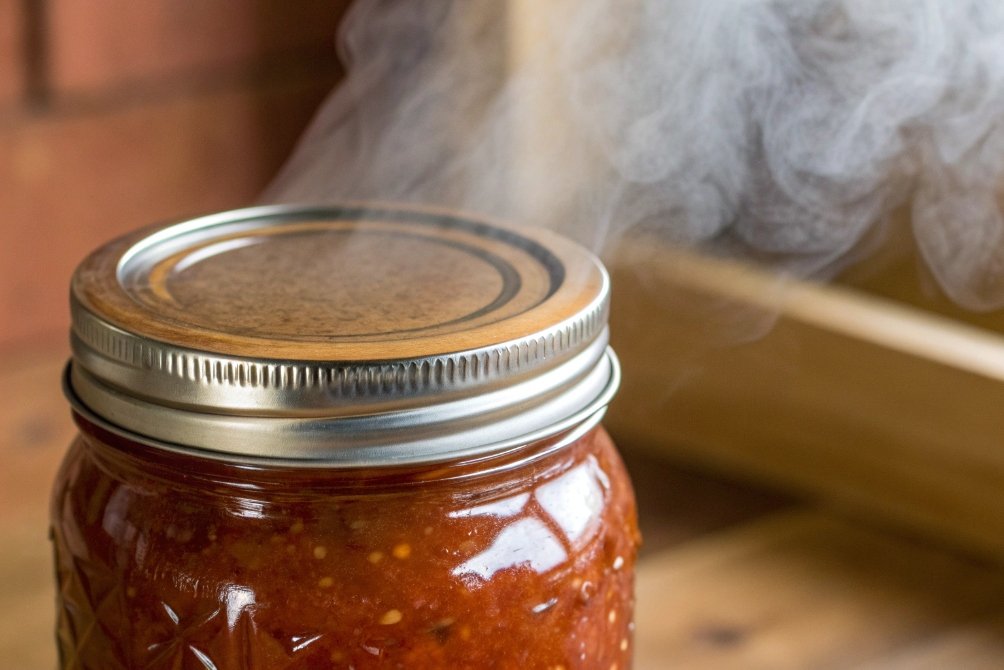 Hot sealed mason jar of tomato sauce releasing steam after thermal processing
