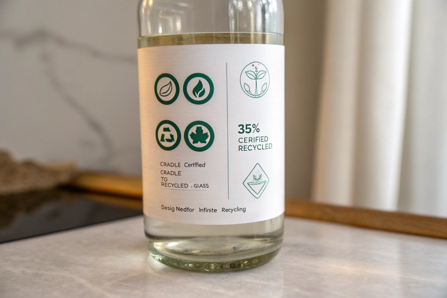 Close up of eco friendly recycled glass bottle sustainability label