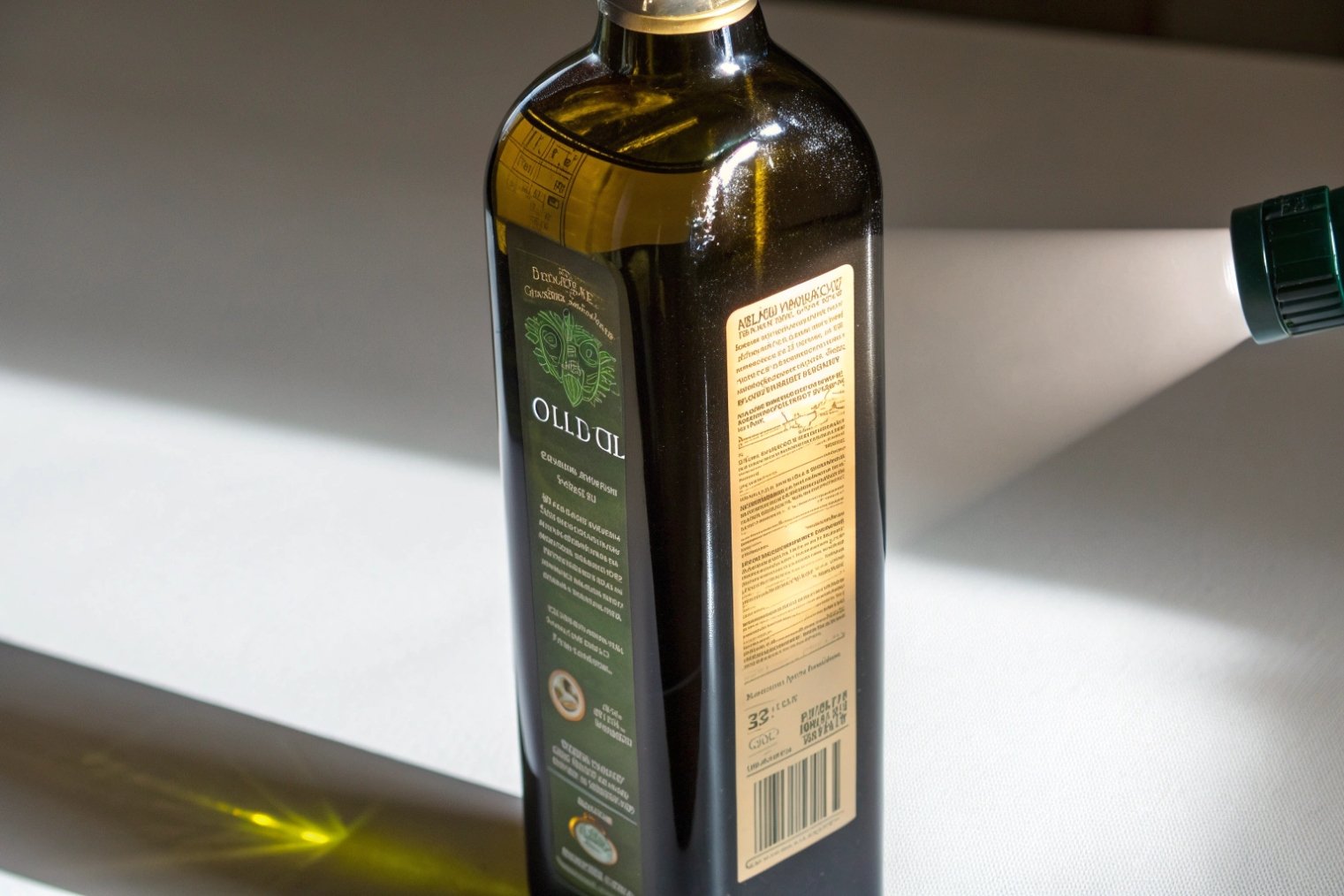 Flashlight test showing light blocking performance of dark green olive oil bottle