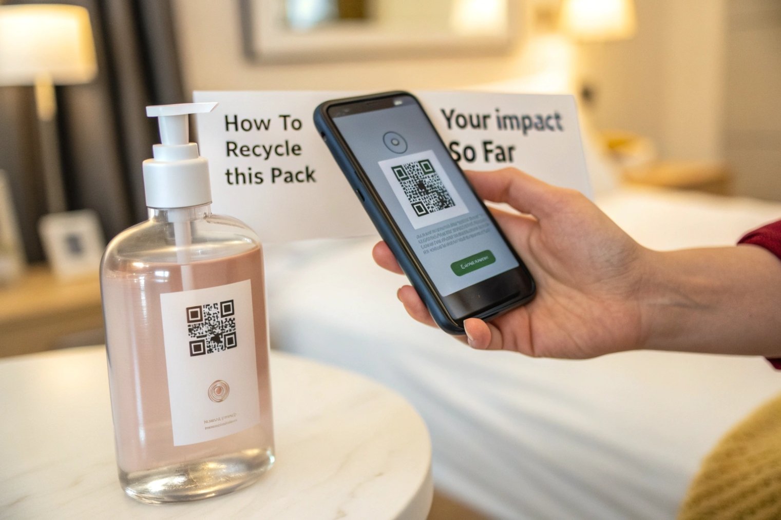 hand scanning QR code on pump bottle with recycle instructions sign