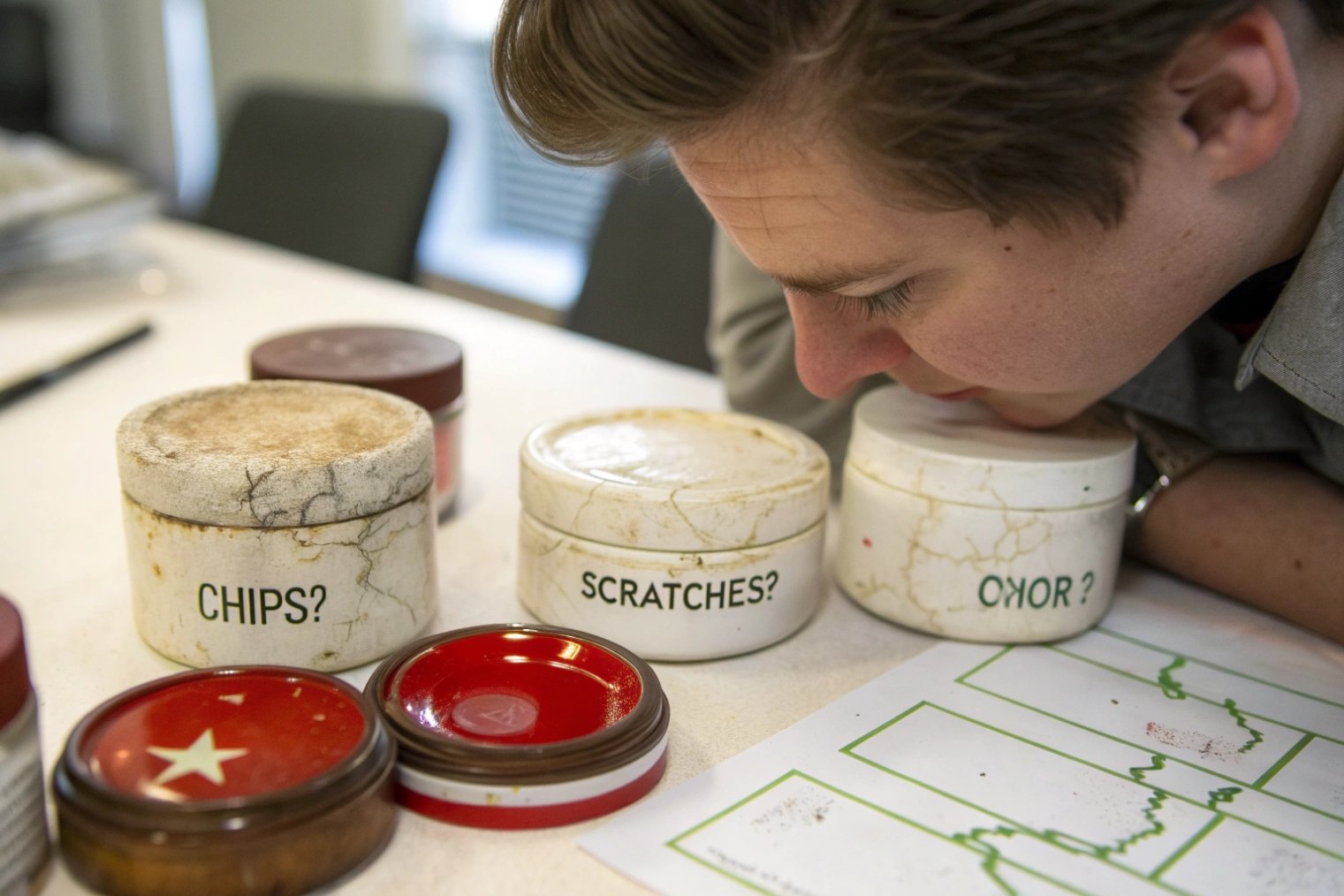 Woman inspecting old cosmetic jars for chips scratches and packaging damage.