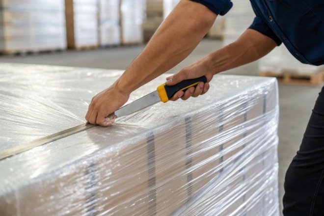 Warehouse worker cutting pallet shrink wrap for safe bulk glass bottle shipping