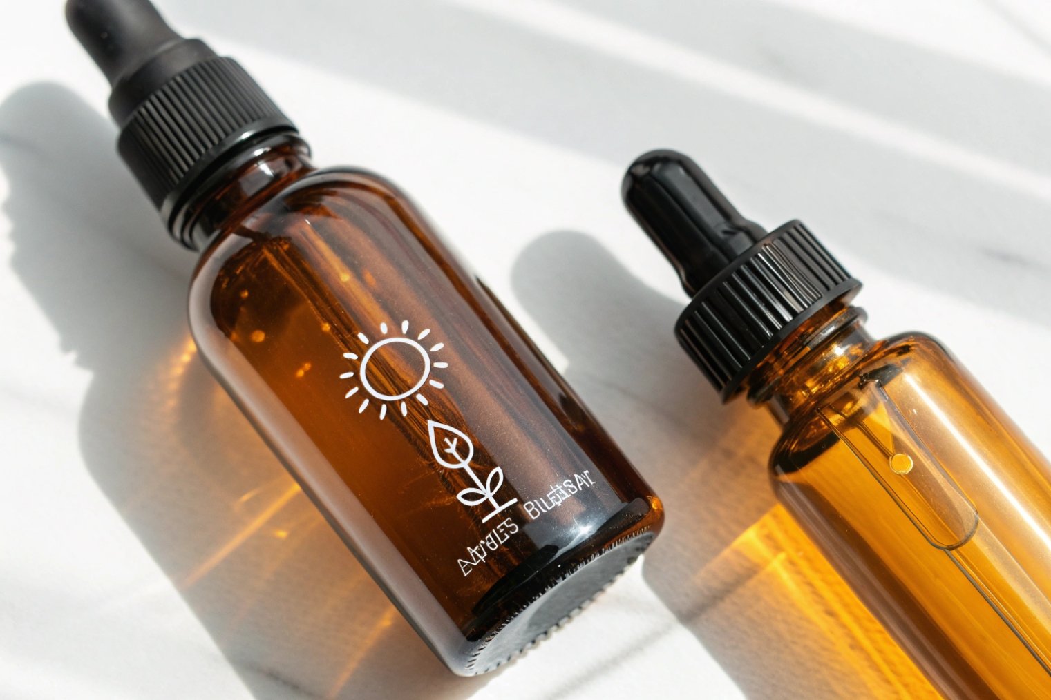 two amber dropper bottles for essential oils with white eco friendly skincare icons