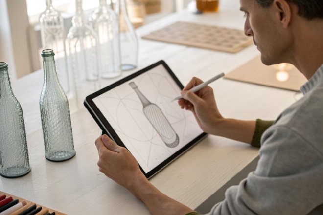 FuSenglass designer sketching custom glass bottle concept for OEM packaging