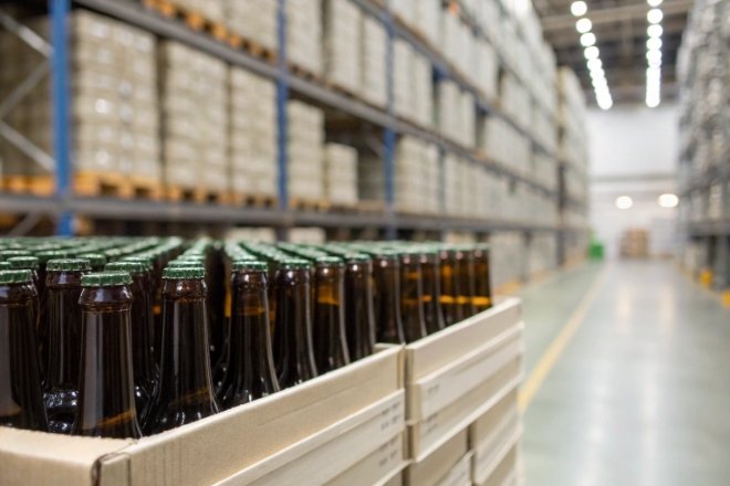 Empty amber beer bottles stacked in crates inside warehouse for bulk packaging supply