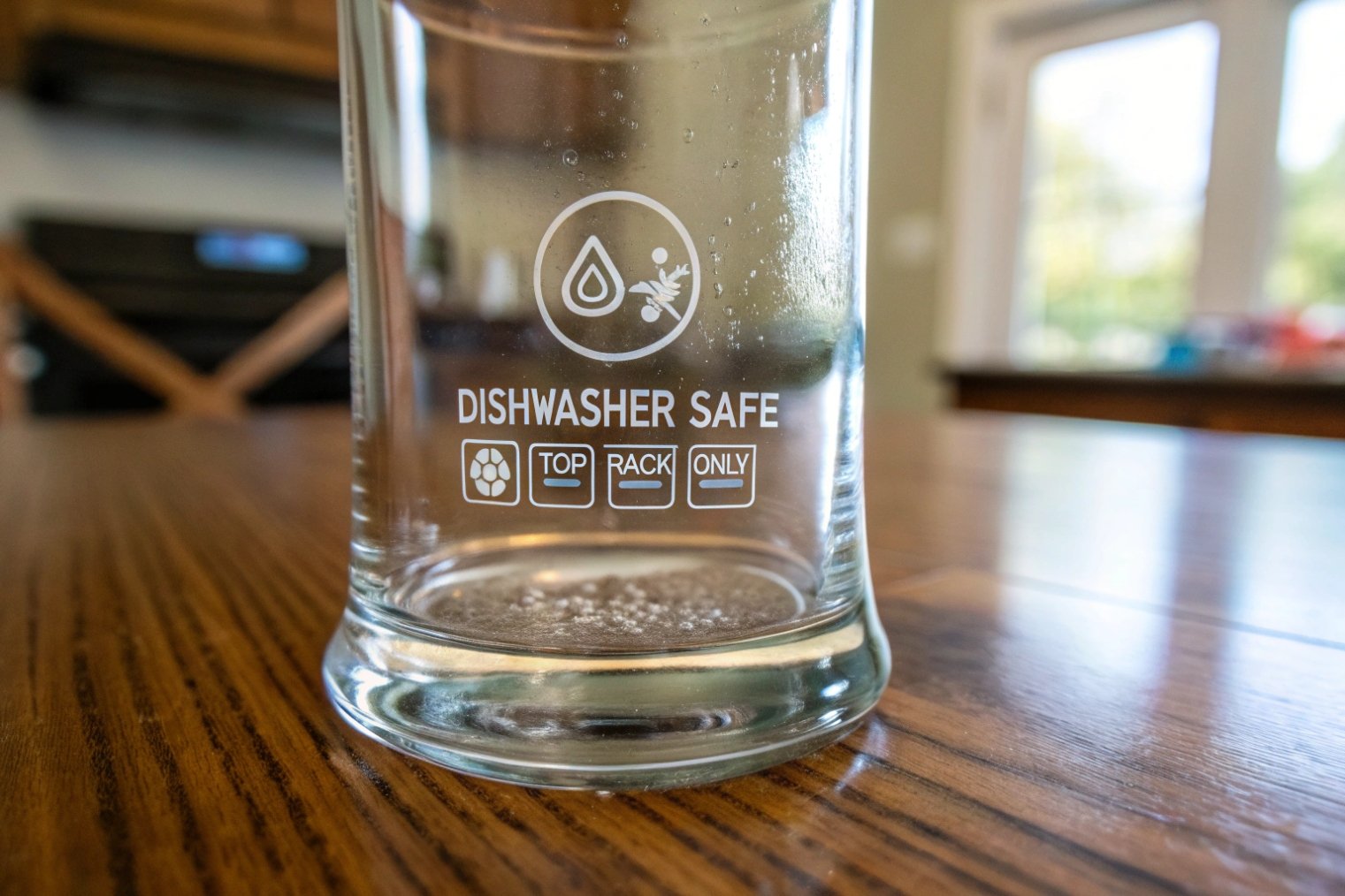 Close-up of the bottom of a drinking glass printed with icons and text reading dishwasher safe top rack only