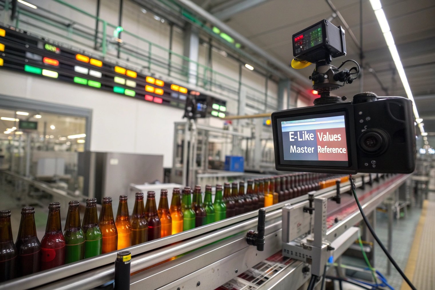 Inline camera system monitoring bottle color on production line with screen showing E-like master reference values