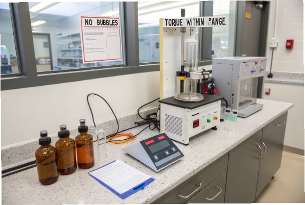 Lab torque test station ensuring cap torque within range for glass bottles