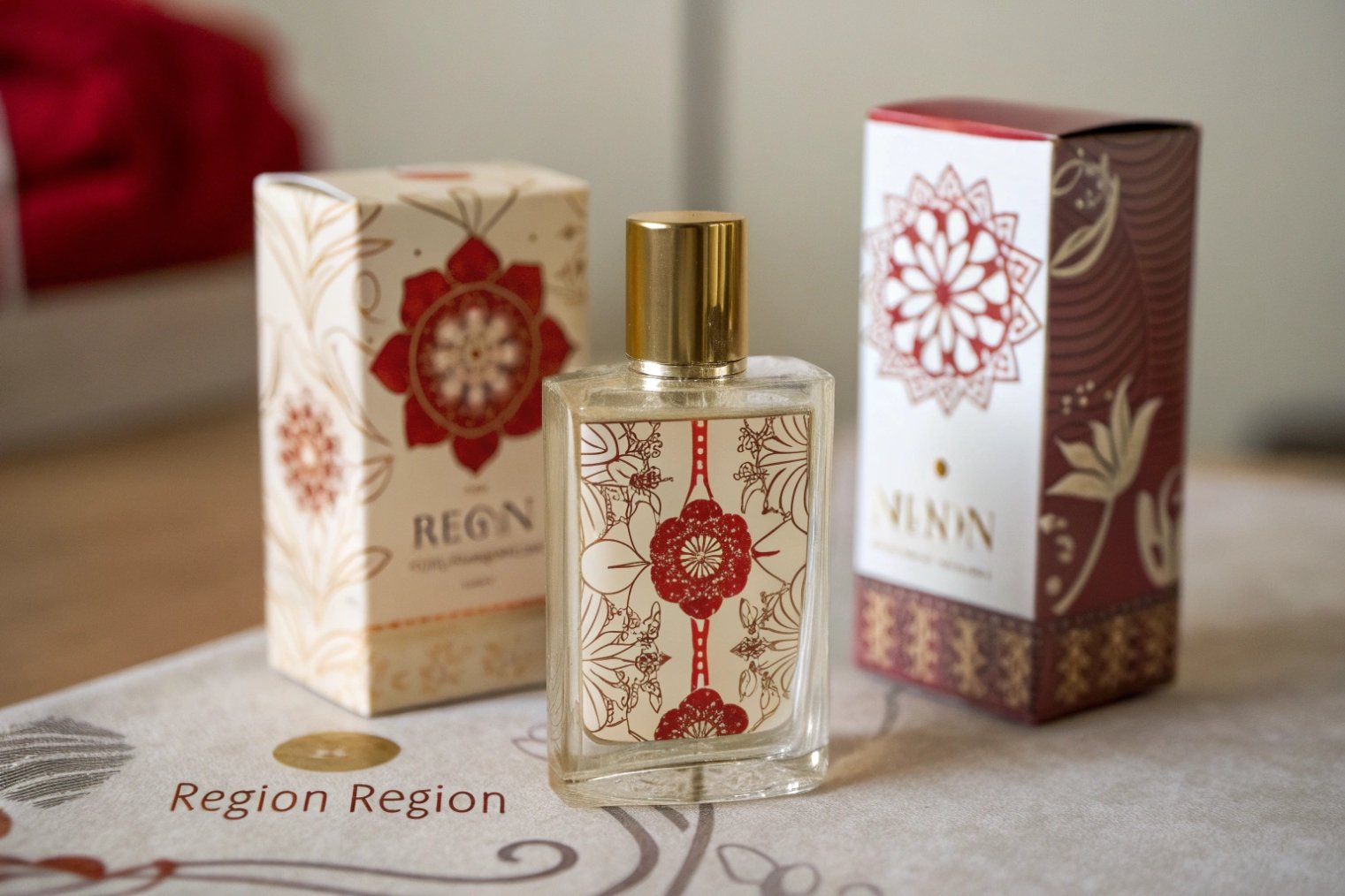 Decorative glass perfume bottle with gold cap and ornate printed packaging boxes.