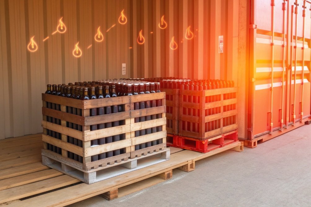 Pallets of glass beer bottles exposed to high container heat during transport