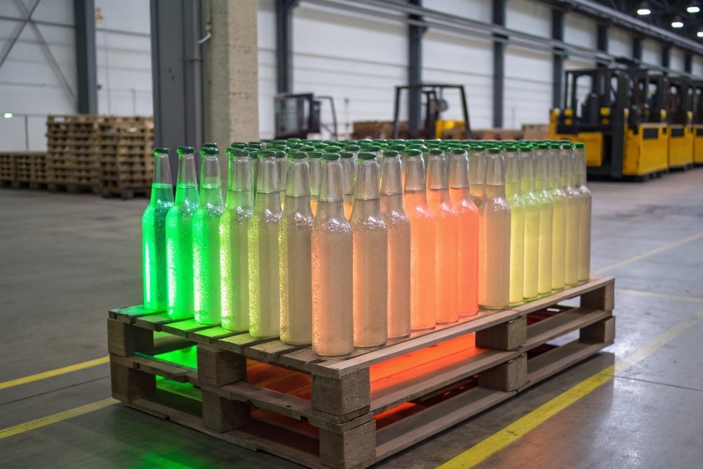 Illuminated glass bottles glowing green red and yellow on pallet in warehouse