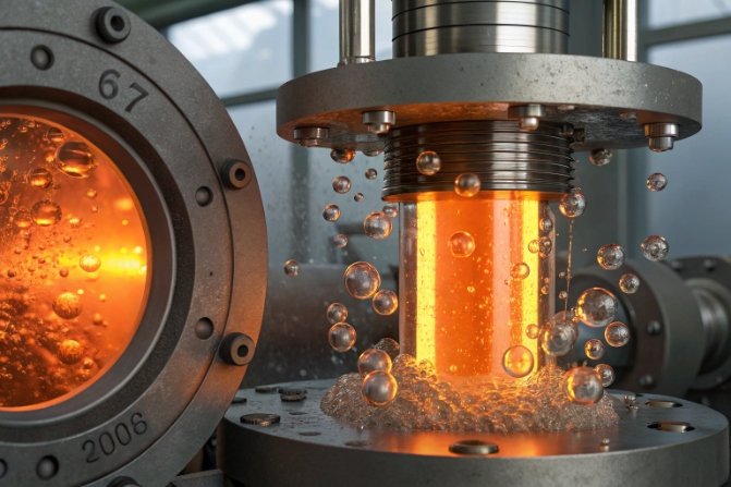 Lab press or viscometer measuring molten glass sample with trapped bubbles in cylinder